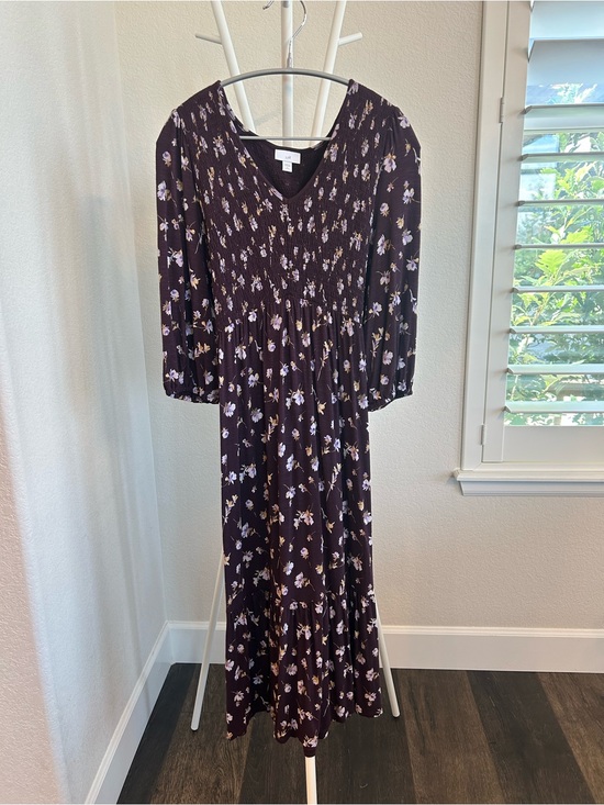 J. Jill Dresses & Skirts - J Jill Women's Floral Smocked Midi Dress in Deep Plum, small petite